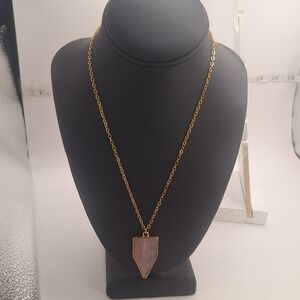 Gold Tone Pentagon & Pink polymer clay Pendant Necklace 18" Mbarnes Productions